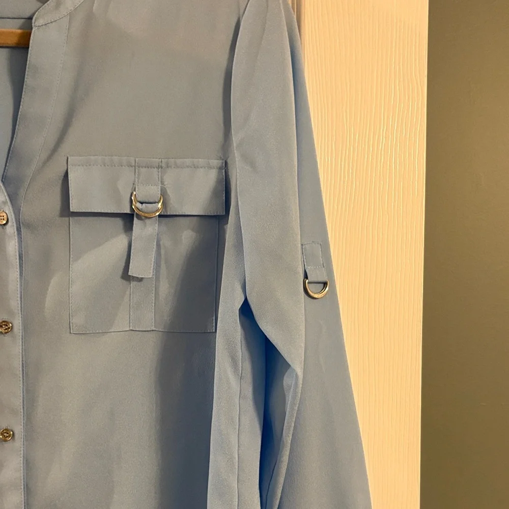 Calvin Klein Sky Blue Utility Button-Down Blouse - Picture 3 of 3